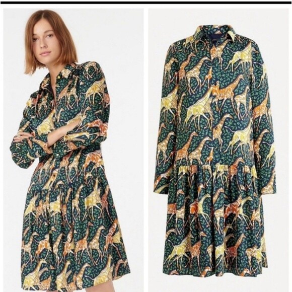 J CREW GIRAFFE SHIRTDRESS DROP HEM Y2K Designer Retro Mod SoHo Boho NLA Szxxxsp - Picture 2 of 7